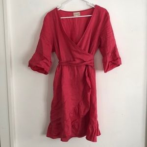 Anthropologie pink linen wrap dress